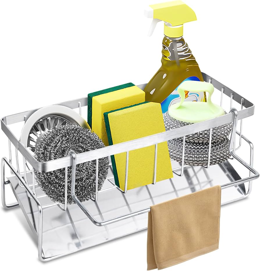 Stainless Steel Sink Organiser Caddy — Sponge, Soap & Dishcloth Holder